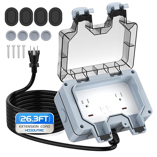 Outdoor Power Outlet Box with 26.3Ft Extension Cord, NEMA 5-15R, IP66 Waterproof Outlet Box 14AWG Wire Double Socket with Lockable Cover & LED Indicator for Garden & Outdoor Use