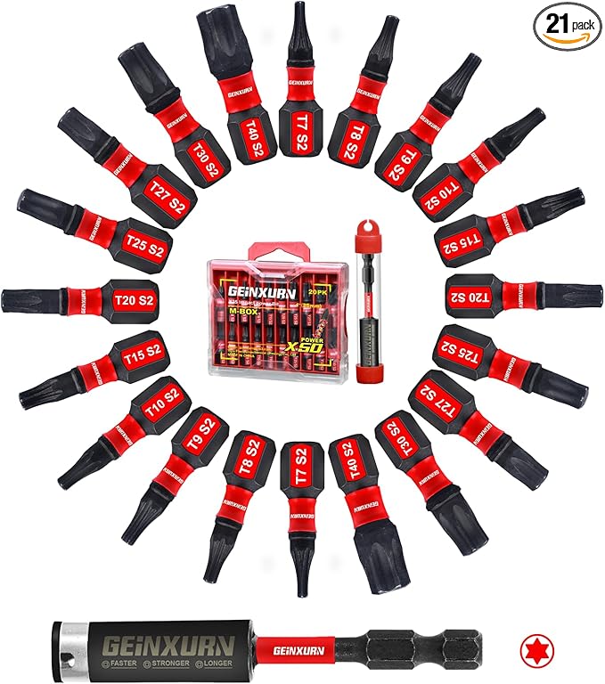 20 Pieces 1 In. (T7-T40) Impact Screwdriver Bit Set,Magnetic Multi-Torx Head Insert Bits, S2 Alloy Steel Star Bits with 1 Pc Impact Bit Holder and Storage M-Box