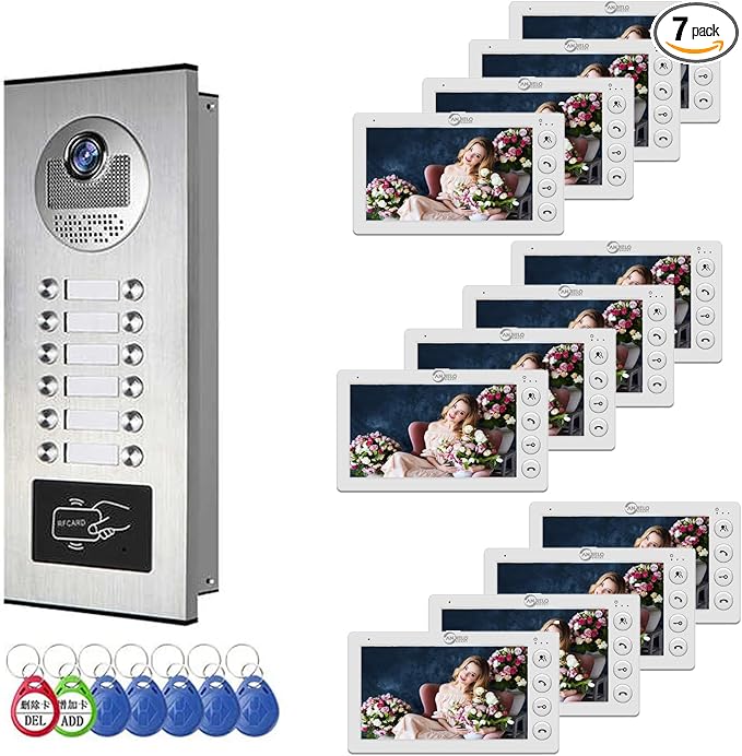 Video Apartment Intercom System,6 Units 7 inch Monitor Wired Video Door Phone Kit,Indoor Outdoor Video Doorbell,ID Keyfobs Unlock,2 Way Audio,6-Screen for Home Apartment (1 Doorbell+12 Monitor)