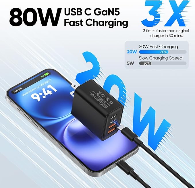 [2-Pack] USB C Wall Charger,80W 4-Port Type C Fast Charging Block,USBC Multiport Wall Plug PD&QC GaN Charging Cube with USB C Cable for iPhone 16/15/14/13/12/11/Pro Max/XS/XR, iPad, Samsung（Black