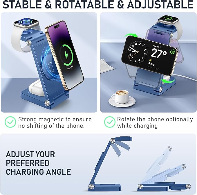 Magnetic Wireless Charger Stand, 3 in 1 Foldable Wireless Charging Station, Travel Charger for Multiple Devices for iPhone 16 15 14 13 12 Series, Apple Watch Ultra/SE/9/8/7/6/5/4/3/2, AirPods