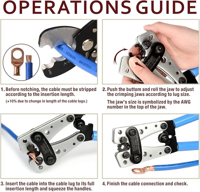 iCrimp Battery Cable Lug Crimping Tool Kit For Copper Lugs Awg 8-1/0,Battery Cable Crimper with Stripper 24pcs Copper Battery Lugs and 10pcs Heat Shrink Tubes, Include Wire Cutter