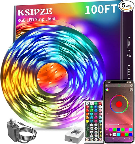 KSIPZE 100ft Led Strip Lights RGB Music Sync Color Changing Bluetooth Led Lights with Smart App Control Remote Led Lights for Bedroom Room Lighting Flexible Home Décor