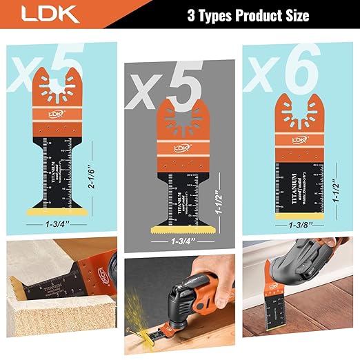 LDK 16pc Titanium Oscillating Tool Blades, Professional Universal Multitool Blades for Wood Plastics Metal Nails Bolts, Quick Release Multi Tool Blades Kits Fit Dewalt Bosch Makita Worx Milwaukee