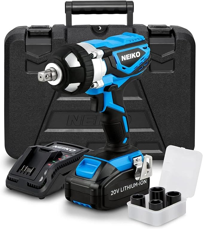 Neiko 10878A 1/2-Inch-Drive High-Torque Cordless Electric Impact-Wrench Kit with 20-Volt Lithium-Ion Charging Battery and 4 1/2-Inch-Drive Sockets