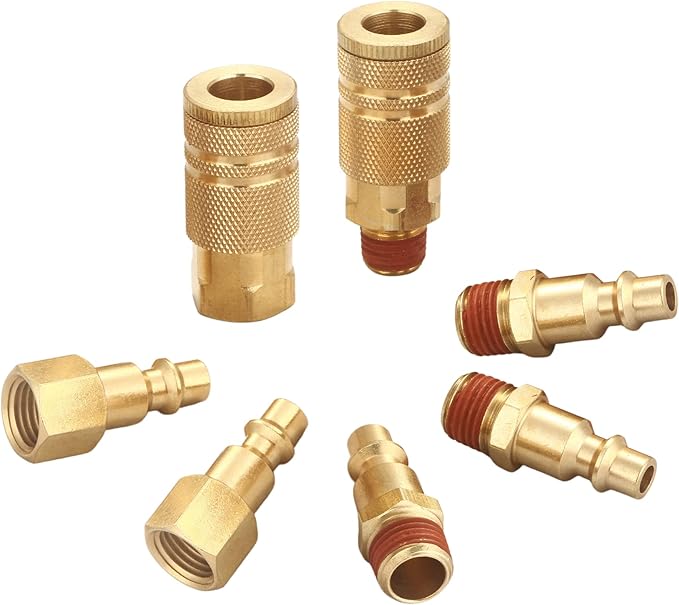 Coupler and Plug Kit (7 Piece), Industrial Type D, 1/4 Inch NPT, Solid Brass Quick Connect Air Hose Fittings Set, with sealant
