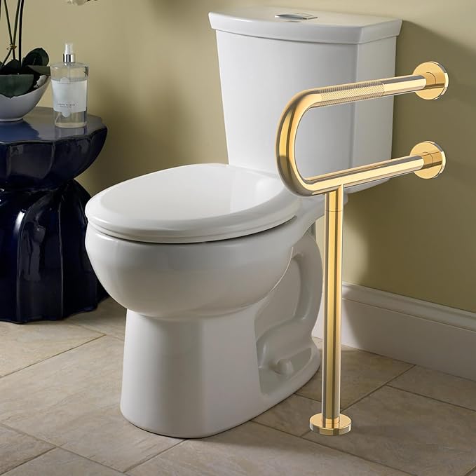 Toilet Grab Bar 23.4 Inch with Leg, YuanDe Wall Mounted Safety Bar, Stainless Steel Anti-Slip Bathroom Support Rail for Elderly, Disabled, Handicap, Seniors, Injury Recovery，Brushed Gold