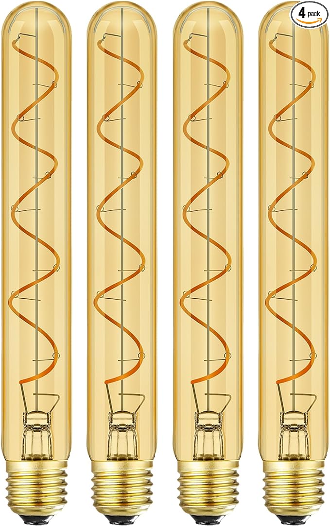 Leools T10 Long Tubular Light Bulb,60 Watt Equivalent E26 Base Amber Vintage Edison Bulb 6W Dimmable Tubular Antique Style Decorative LED Filament Light Bulb, 2200K Warm White,8.9 Inch,Pack of 4