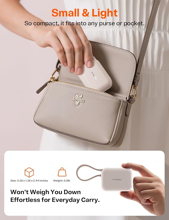 TORRAS 10000mah 45W Power Bank Portable Charger Fast Charging [Ultra Compact] Built in Cable USB C, Travel Essentials Phone Battery Pack Powerbank for iPhone 16 15, Samsung Google Moto etc