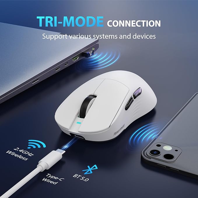 Transformers GM04 63g Lightweight Wireless Gaming Mouse, 12000 DPI, PAW3311 Sensor, 100h Battery Life, 2.4G/USB-C/Bluetooth Wireless Mouse with 5 Programmable Buttons for PC/Mac/Laptop(White)