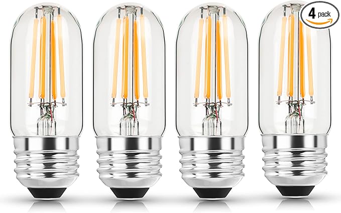 T10 Led Bulb 2700K 3.2 inches, e26 Led Bulb 60 watt Equivalent Dimmable, T25 Tubular Light Bulb, Edison Bulbs 6W e26 Medium Base Lightbulb UL Listed, Pack of 4
