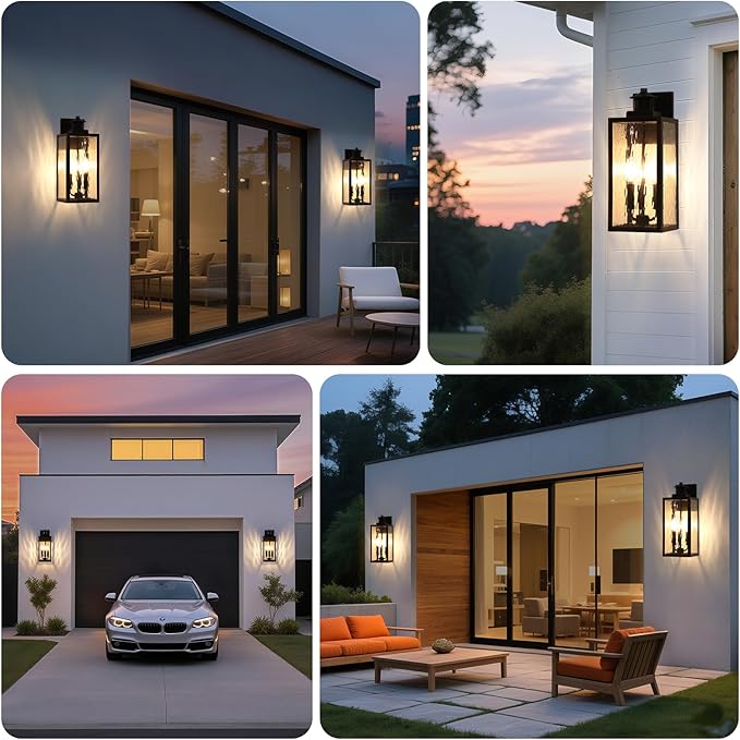 Large Motion Sensor Outdoor Wall Light, Black Exterior Wall Sconce Light Fixtures with Water-Rippled Glass, Waterproof Modern Outside Wall Lantern for House, Porch, Patio, Garage, Bulbs Not Included