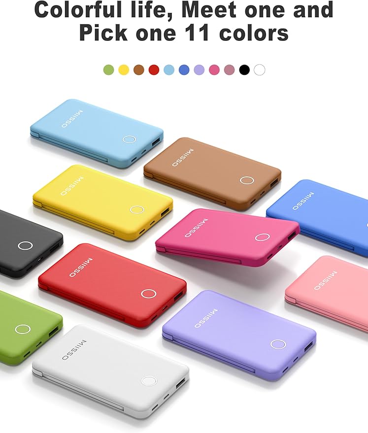 miisso 6000mah Ultra Slim Built in Cables Power Bank, Card Size Built in USB C Cords Battery Pack Portable Charger for Phones, 3 Output External Battery Pack Compatible with iPhone, Samsung, Plum Red