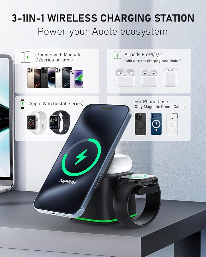 3 in 1 Charging Station for Apple Devices, Charger Stand for MagSafe, Qi2 15W Wireless Charging Station for Apple Watch& iPhone & AirPods& iWatch (with PD 30W Adapter)