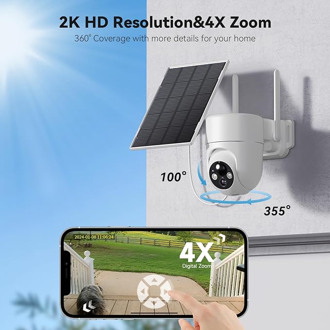 Solar Camera Outdoor Wireless, 2K Color Night Vision, Security Cameras Wireless Outdoor with 360°View, 4X Zoom, Battery Powered, 2.4GHz WiFi Solar Camera, PIR Alarm, IP65 Weatherproof, 2pack