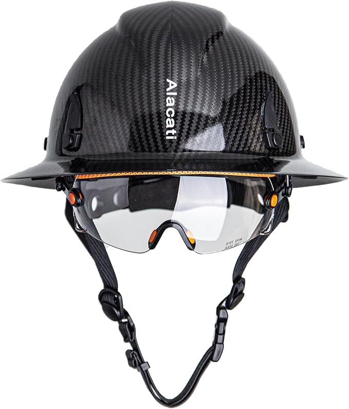 Carbon Fiber Hard Hat Full Brim with Goggles- Safety Helmet with 6-Point Adjustable Ratchet Suspension- ANSI Z89.1 Compliant