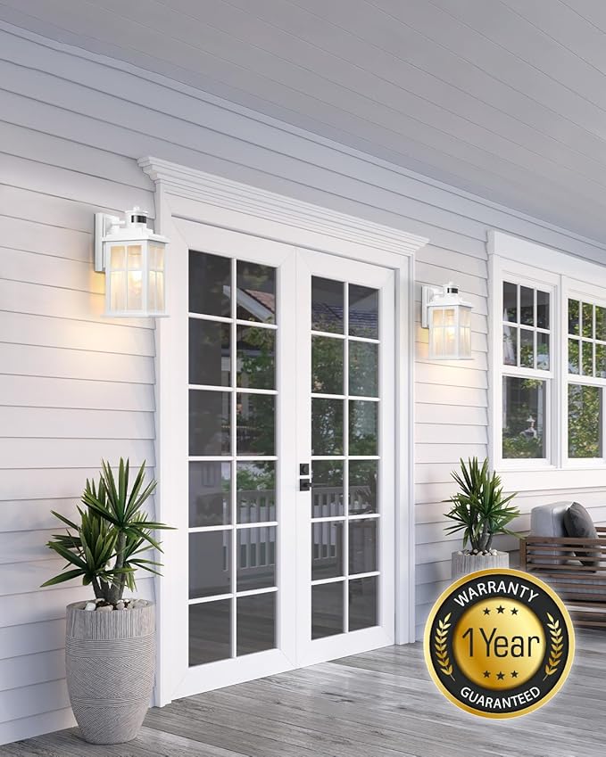 VIANIS White Motion Sensor Outdoor Wall Lights, 2 Packs Front Porch Lights Outdoor Wall Sconce Lantern, Anti-Rust Waterproof Exterior Lighting Fixtures Wall Mount, Dusk to Dawn Outside Garage Lights