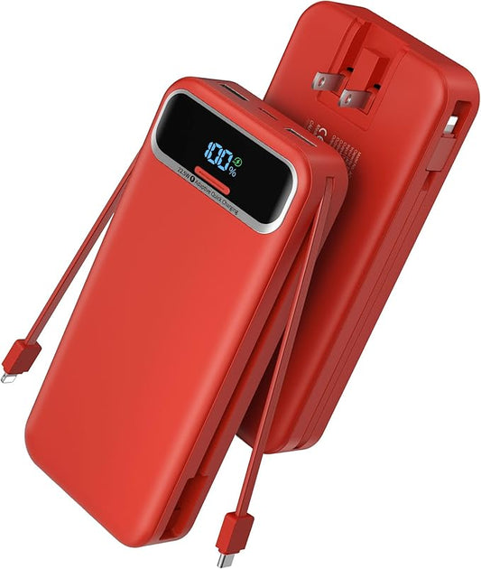 Portable Charger Power Bank with Built in Cables and AC Wall Plug,PD20W&SCP22.5W USB-C Super Fast Charging,20000mAh Travel Phone Charging,LED Display Battery Pack Compatible All iPhone Samsung etc