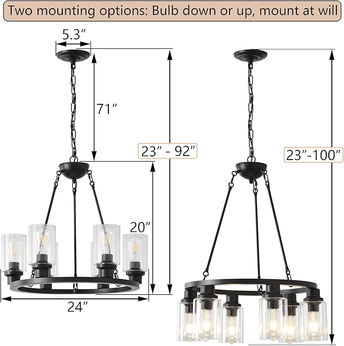 24“ Black Wagon Wheel Chandelier, 6-Light Farmhouse Glass Pendant Lights Kitchen Island Round Hanging Lighting fixtures Ceiling for Living Room, Dining Room, Kitchen Island, Entryway, Foyer
