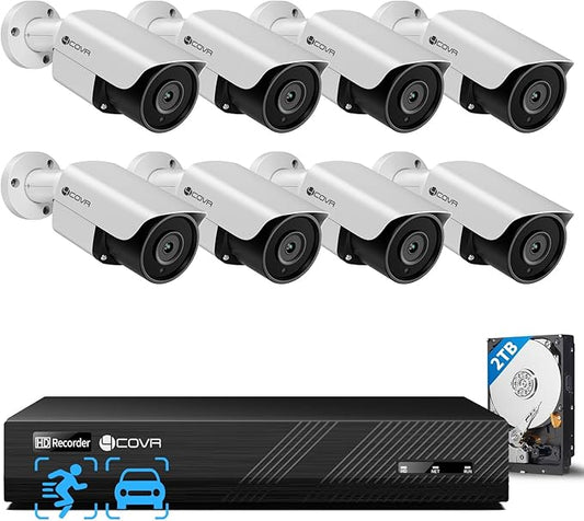 4COVR IP Security Camera System PoE Built-in Mic, 8CH 4K H.265 NVR with 2TB HDD, AI Human Vehicle Detection, 8Pcs 5MP Commercial IP67 IP Bullet Camera Night Vision, 24/7 Recording, LY37EX5M0808