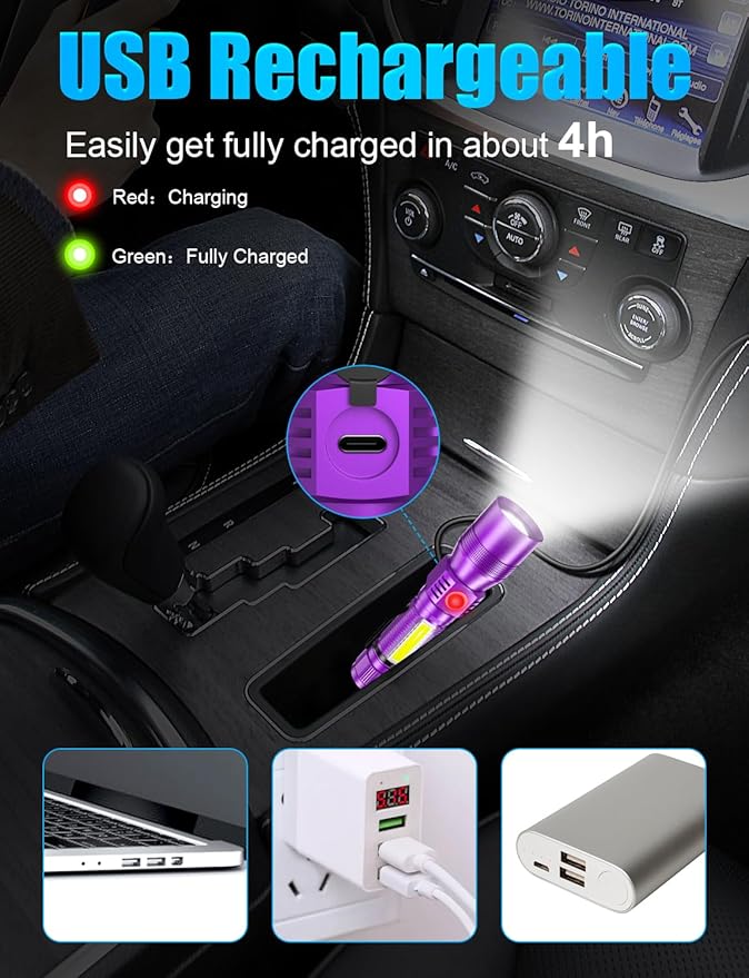 UV Rechargeable Flashlights Tactical,1000 High Lumens 3 in 1 LED Black Light Flashlight-Magnetic Base/Sidelight/Zoomable, Bright Pocket Flash Light with Case for Stains Detection,Purple/Black