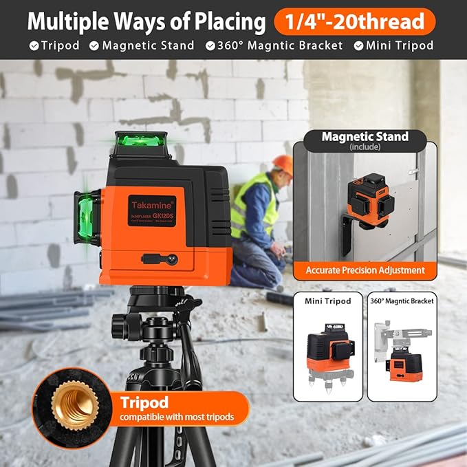 Takamine 12 Lines Laser Level Self Leveling 3x360° 3D Green Cross Line for Construction/Picture Hanging, Remote Controller, Rechargeable Li-ion battery, Magnetic Stand and portable bag