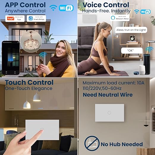Smart Light Switch 3 Way Need Neutral Wire,FCC Certified,2.4GHz WiFi Switch Glass Panel APP Control Timer Work with Tuya/Smart Life,Alexa and Google Home,Grey 1 Gang