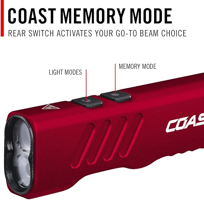 Coast Slayer 1150 Lumen USB-C Rechargeable LED Flashlight with Spot/Flood, Memory Mode and Pocket Clip, RED