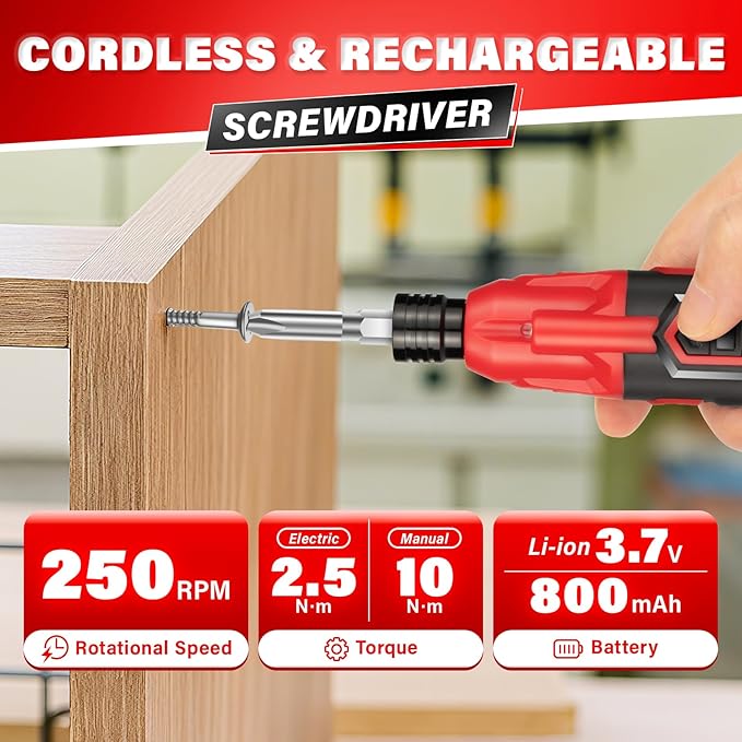 DIYSELF Electric Screwdriver Cordless Rechargeable 3.7V Power Screwdriver with LED Light 28-Piece Small Electric Screwdriver Kit Includes Bits, Magnetic Bit Holder, USB Charging Cable, Carrying (Red)