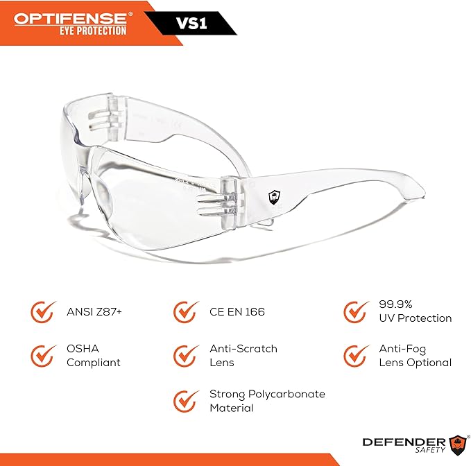 Defender Safety VS1 Safety Glasses, 30 pack, Polycarbonate protective eyewear, impact resistant Anti Scratch, ANSI Z87