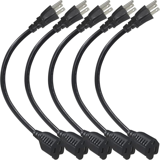 1FT Short Power Extension Cord 1FT - Short 3 Prong Extension Cord Outlet Saver Indoor SJT 16 AWG Heavy Duty 1 Foot AC Power Extensions Cable with NEMA 5-15P to NEMA 5-15R Connector (5PACK)