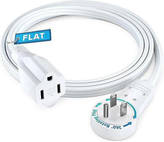 Maximm 360° Rotating Flat Plug Extension Cord 3 feet Under Carpet with Slim Space-Saving Plug Design, Low Profile Cord (White)