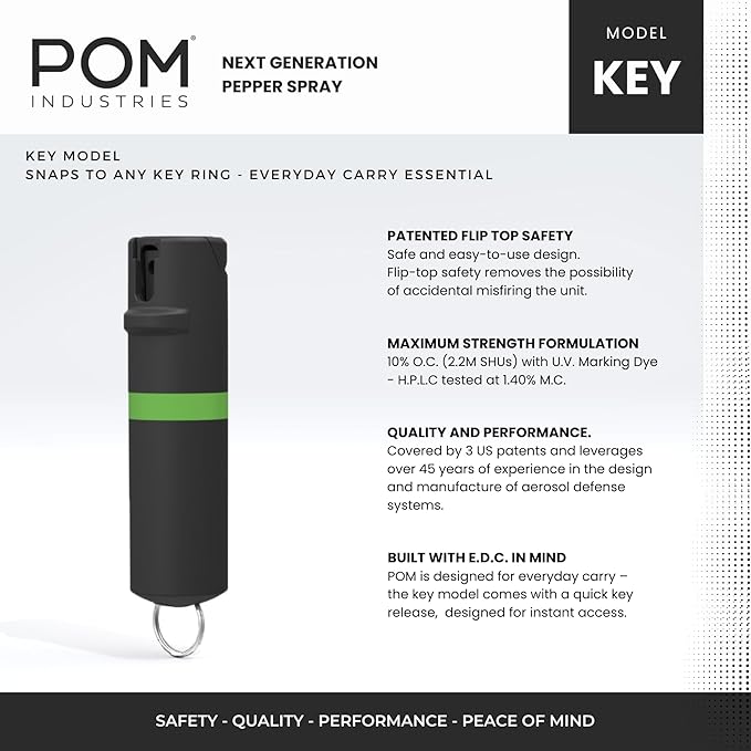 POM Pepper Spray Keychain, Quick Key Release for Instant Access, Flip Top Safety, Maximum Strength OC Formula with UV Marking Dye, 25 Bursts, 10 ft Range, 0.5 fl oz