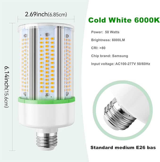 2-Pack 50W LED Corn Light Bulb,E26 led Bulbs 5000k,Replacement HID HPS CFL MH Lamp for Indoor Outdoor Ceiling Fan Garage Yard Porch Lighting 110-277v