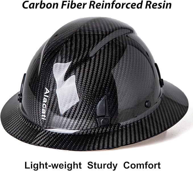 Carbon Fiber Hard Hat Full Brim with Goggles- Safety Helmet with 6-Point Adjustable Ratchet Suspension- ANSI Z89.1 Compliant