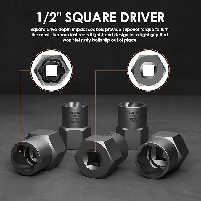 5-Piece Heavy Duty Bolt Extractor Set, 1/2" Drive Impact Lug Nut Remover Tool, Large Size 19-25mm for Removing Stripped, Damaged, Rusted Nuts, Bolts, and Studs