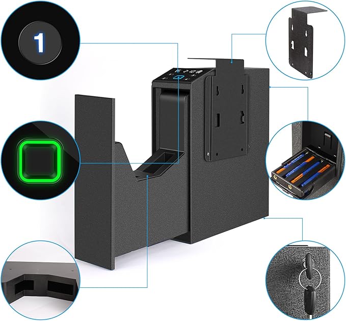 Biometric Slider Handgun Gun Safe with LCD Screen of Temp Humidity Time for Nightstand, Desk, Bed Side, Wall, Truck