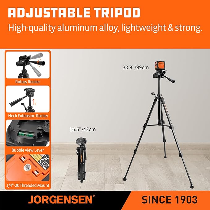 JORGENSEN Laser Level with Tripod, 65 FT Self Leveling Cross Line Laser Leveler Tool with 360° Magnetic Base, Green Laser Level for Picture Hanging, Home Renovation, Indoor Project
