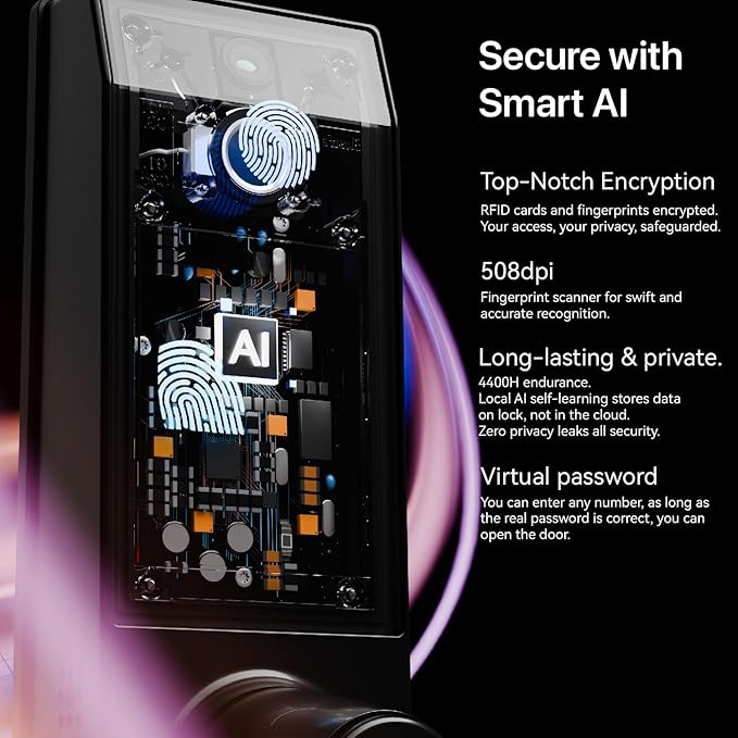 Smart Lock Doorbell Fingerprint Smart Door Lock Deadbolt for Homeowners or Parents Door Lock with Camera and Door Handle for Renters, Keyless Entry Door Lock for Front Door(Contour V Black)