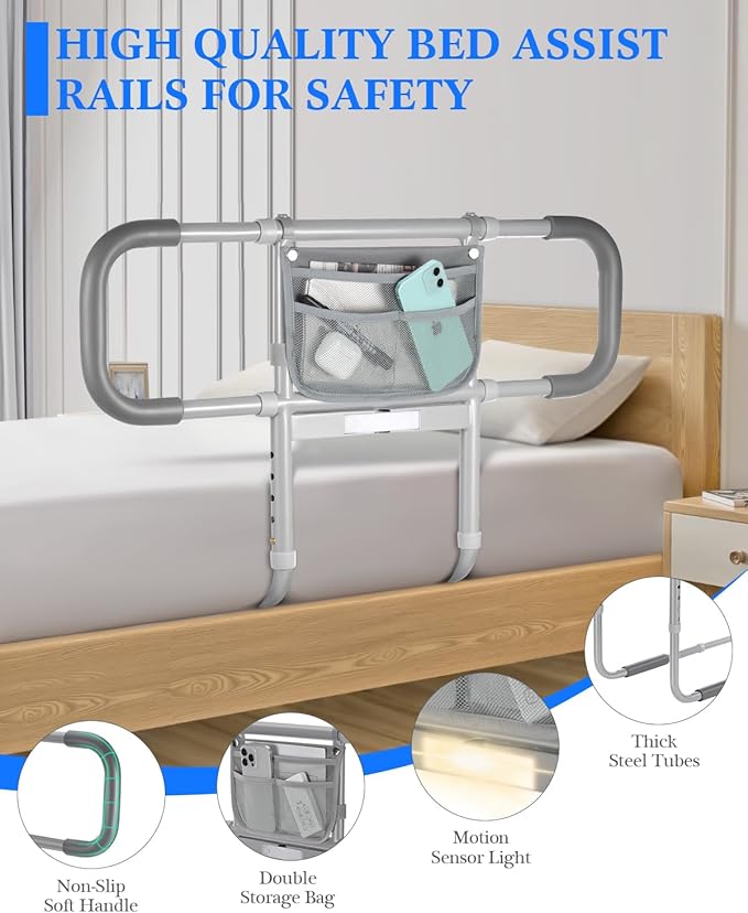 Bed Rails for Elderly Adults Safety, Extended Bed Assist Rail for Seniors with Motion Sensor Light - Adjustable Side Bed Guard Rails Handle Support Bar with Storage Bag, Fit King Queen Full Twin Bed