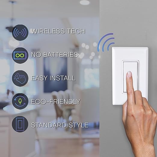 RunLessWire 3-Way Battery-Free DIY Wireless Light Switch Kit 150ft RF Range Self-Powered by Kinetic Energy for Hallways & Stairways: 2 Remote Switches Control 1 5A On/Off Receiver – White