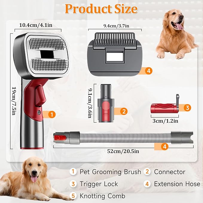 2-in-1 Pet Dog Grooming Attachment Kit, Deshedding Brush Attachment for V15, V11, V10, V8, V7 – Effective Grooming & Cleaning – Hair Grooming Tools for Dog and Cat, 5 Pack