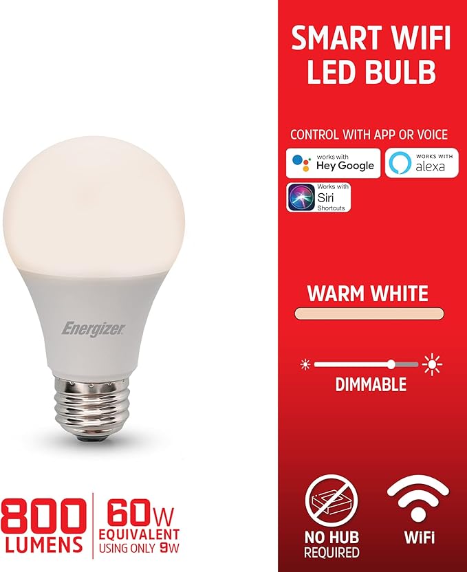 Energizer Smart Wi-Fi LED Light Bulb, Warm White, 60W, 800 Lumens, Compatible with Alexa, Google Assistant and Siri, Control from Anywhere with App, Custom Schedules, 2-Pack