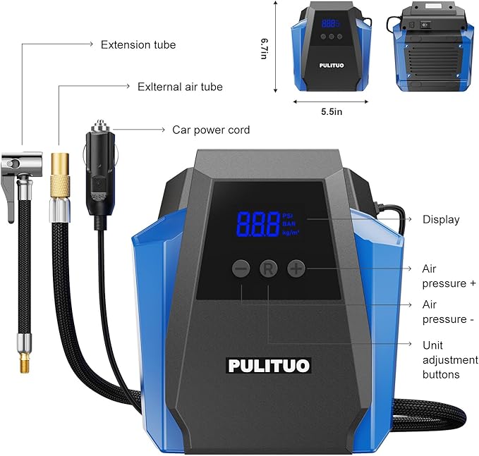PULITUO Tire Inflator Portable Air Compressor - Car Accessories 12V DC Air Pump for Car Tires with Digital Pressure Gauge, Emergency LED Light for Wheel, Bike, Ball, Motor