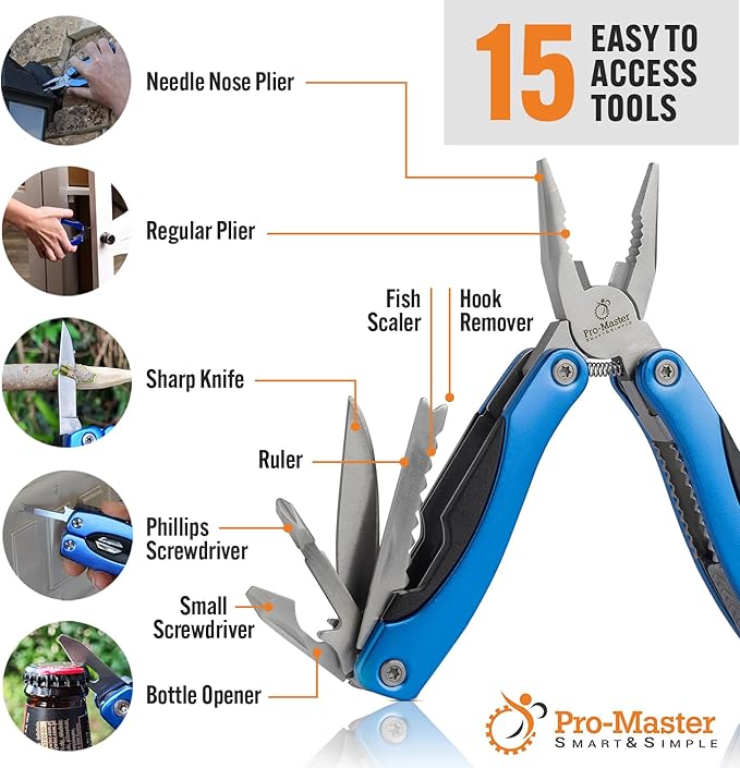 Multitool 15-in-1 with Safety-Locking, Stainless Steel Multi Tool Pliers, Functional Pocket Knife (EDC) for Outdoors, Camping, Hiking, Fishing, Simple Repir, Gift for Father, Husband Brother Boyfriend