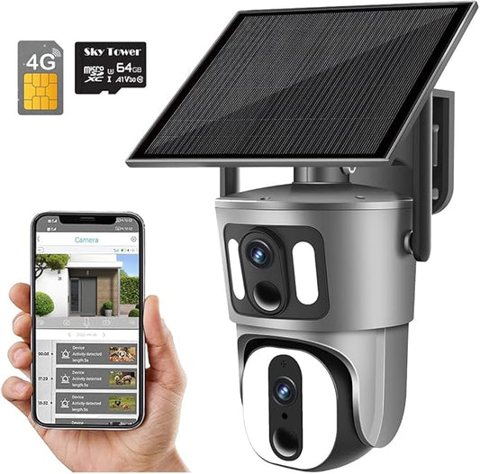 Sky Tower 4MP UHD 4G/5G LTE Cellular Wireless Dual Cameras Solar Panel Waterproof Two-Way Talk Outdoor Surveillance Cameras, Amazon Cloud Storage & Free Data & 64G Micro SD (4MP Digital 20X Zoom)