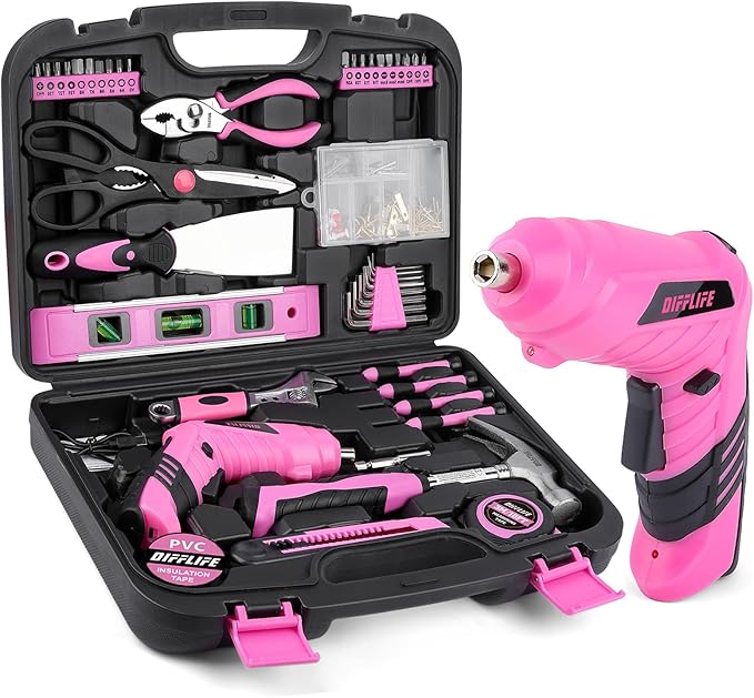 Pink Power-Screwdrivers Tool Set for Women,3.6V Power Screwdriver Cordless Rechargeable Tool Kit 143-Piece Electric Screwdriver Cordless Tool Set Pink 143PCS Tool Box