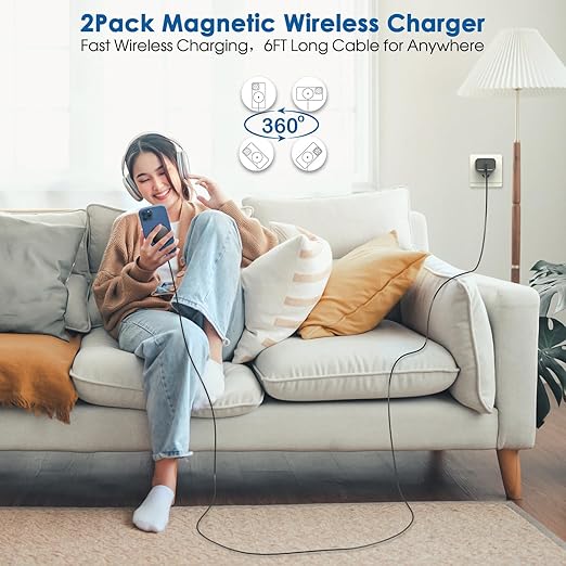 Magnetic Wireless Charger iPhone,6FT Charger for Apple MagSafe Charger 2Pack Fast Wireless Charging Pad for iPhone 16 Pro Max/16 Pro/16 Plus/15 ProMax/15/14/13/12/AirPods 3/2/Pro Mag-Safe Charging Pad