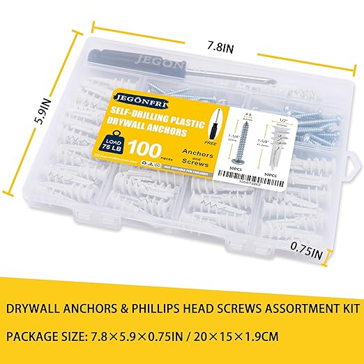 100PCS Self Drilling Drywall Anchors and #8 Screws, Wall Anchors for Drywall Heavy Duty Holds Upto 75LB, No Pre Drill Hole Required, Dry Wall Screws and Anchors Kit and Screwdriver