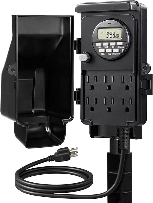 DEWENWILS Outdoor Digital Power Strip Timer, Outdoor Multi Socket Timer, Waterproof 6 Outlet Garden Power Stake, 6ft Cord, Outdoor Timer for Halloween/Christmas Lights, Yard, Garden, 15A Heavy Duty